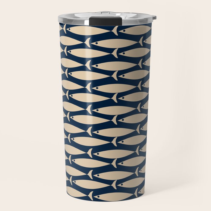 Mid Century Modern Fish Minimalist Pattern in Mid Mod Navy Blue and Beige Travel Mug Gallery Image 1