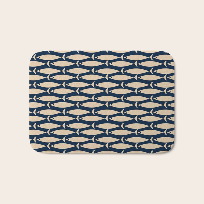 Mid Century Modern Fish Minimalist Pattern in Mid Mod Navy Blue and Beige Bath Mat Gallery Image 1