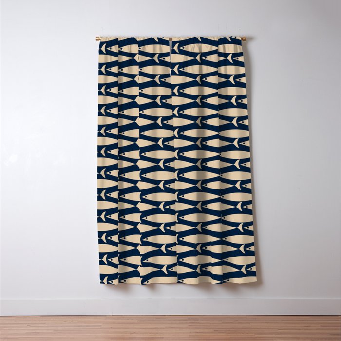 Mid Century Modern Fish Minimalist Pattern in Mid Mod Navy Blue and Beige Window Curtain Gallery Image 3