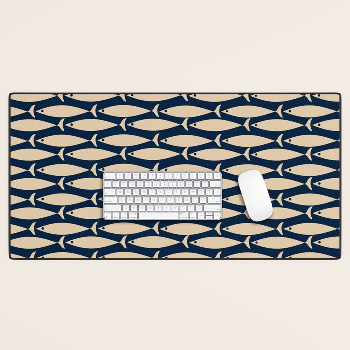Mid Century Modern Fish Minimalist Pattern in Mid Mod Navy Blue and Beige Desk Mat Gallery Image 1
