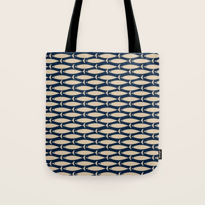 Mid Century Modern Fish Minimalist Pattern in Mid Mod Navy Blue and Beige Tote Bag Gallery Image 1