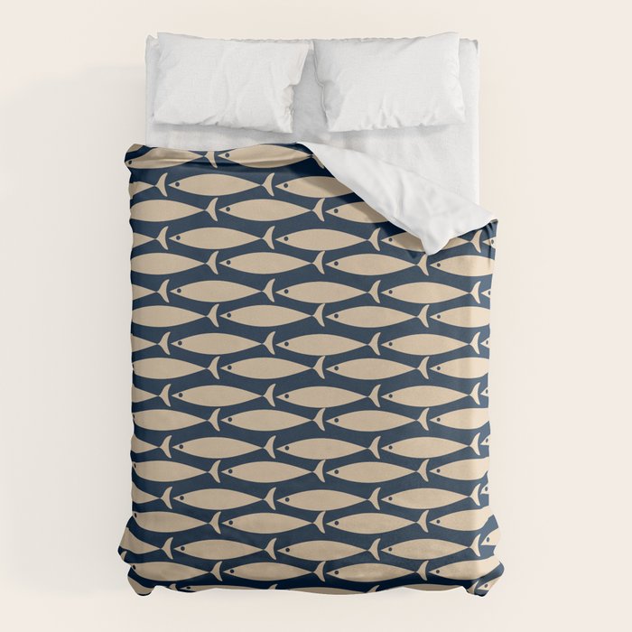 Mid Century Modern Fish Minimalist Pattern in Mid Mod Navy Blue and Beige Duvet Cover Gallery Image 6