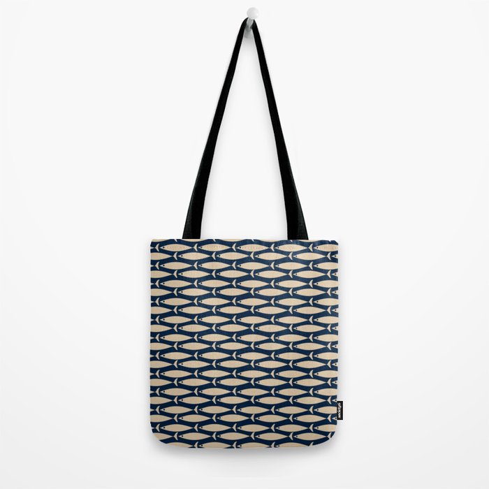 Mid Century Modern Fish Minimalist Pattern in Mid Mod Navy Blue and Beige Tote Bag Gallery Image 2