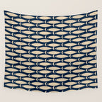 Mid Century Modern Fish Minimalist Pattern in Mid Mod Navy Blue and Beige Wall Tapestry Gallery Image 4