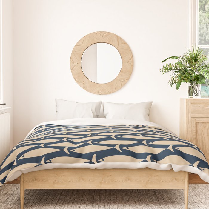 Mid Century Modern Fish Minimalist Pattern in Mid Mod Navy Blue and Beige Duvet Cover Gallery Image 3