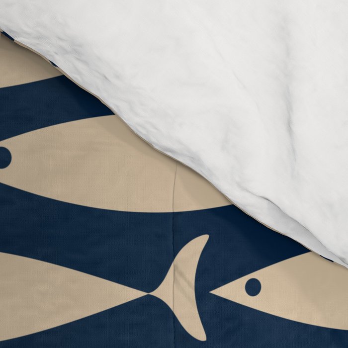 Mid Century Modern Fish Minimalist Pattern in Mid Mod Navy Blue and Beige Comforter Gallery Image 4