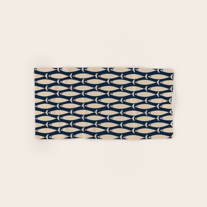 Mid Century Modern Fish Minimalist Pattern in Mid Mod Navy Blue and Beige Bath Towel Gallery Image 1
