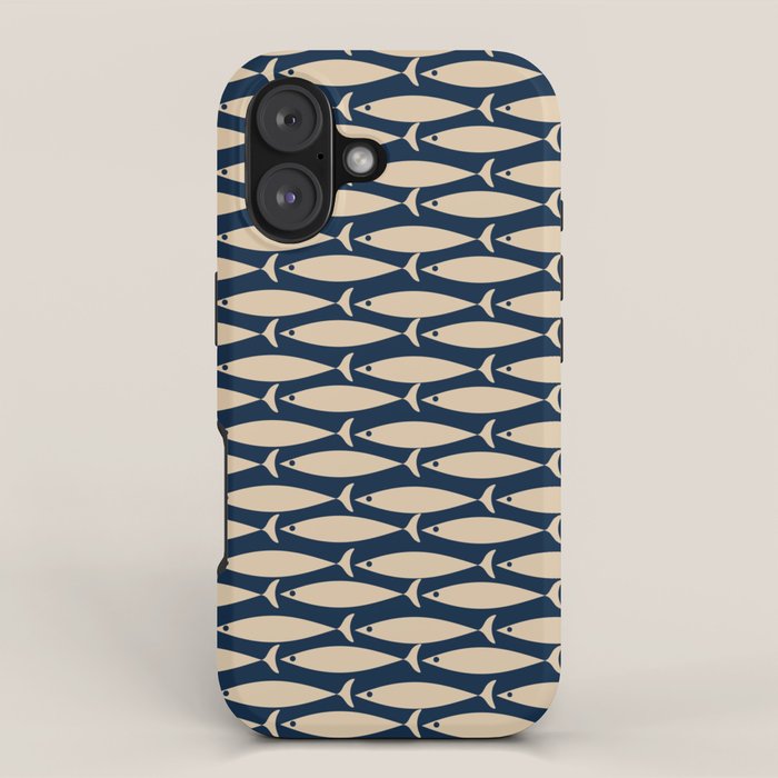 Mid Century Modern Fish Minimalist Pattern in Mid Mod Navy Blue and Beige iPhone Case Gallery Image 1