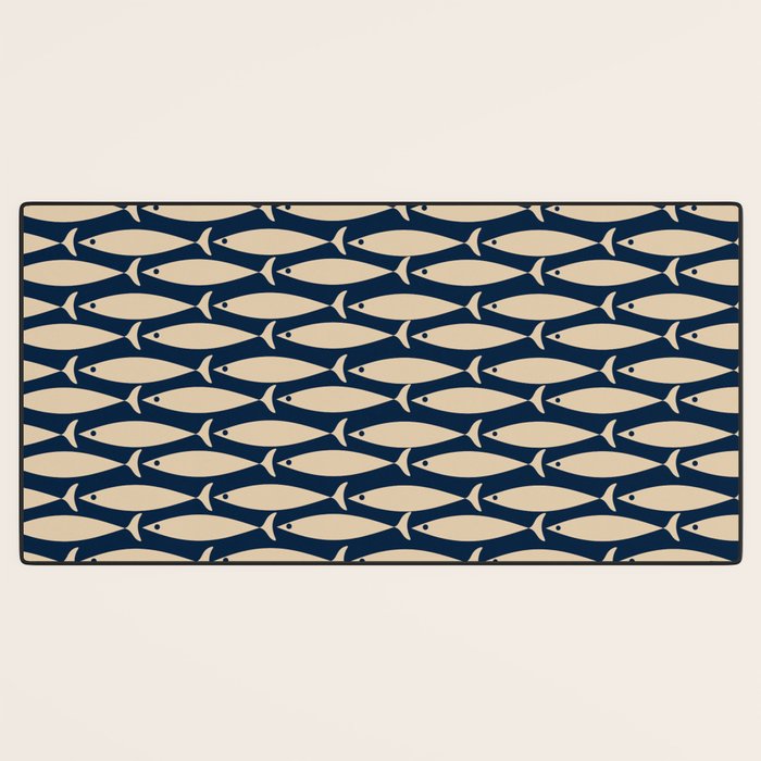 Mid Century Modern Fish Minimalist Pattern in Mid Mod Navy Blue and Beige Desk Mat Gallery Image 3