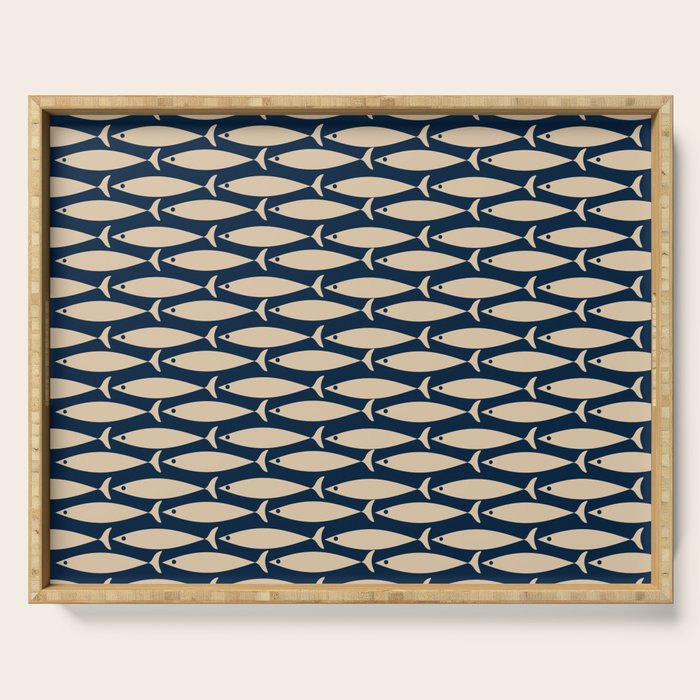 Mid Century Modern Fish Minimalist Pattern in Mid Mod Navy Blue and Beige Serving Tray Gallery Image 1