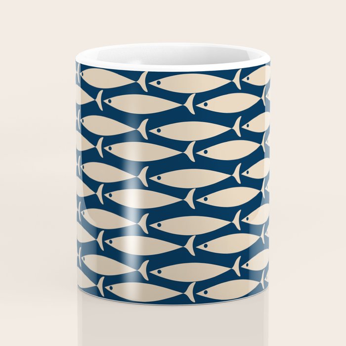 Mid Century Modern Fish Minimalist Pattern in Mid Mod Navy Blue and Beige Coffee Mug Gallery Image 4
