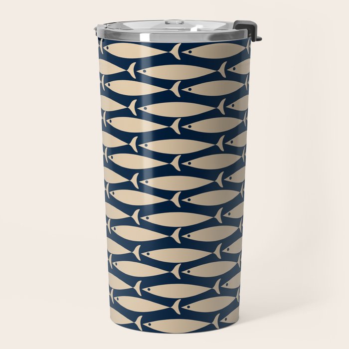 Mid Century Modern Fish Minimalist Pattern in Mid Mod Navy Blue and Beige Travel Mug Gallery Image 2
