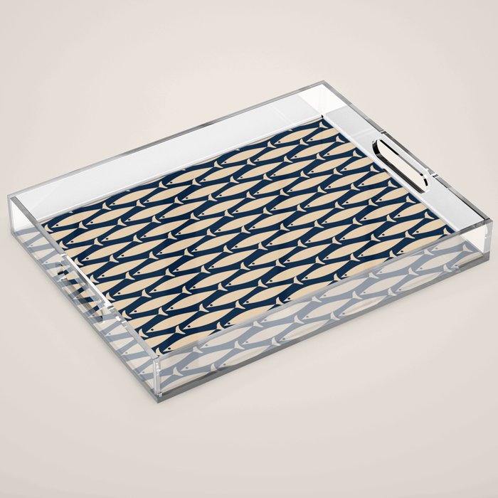 Mid Century Modern Fish Minimalist Pattern in Mid Mod Navy Blue and Beige Acrylic Tray Gallery Image 1