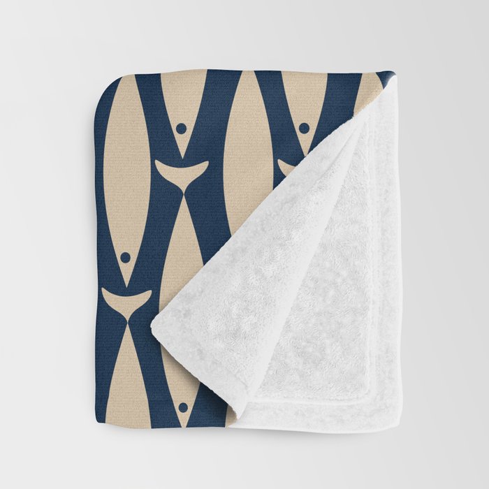 Mid Century Modern Fish Minimalist Pattern in Mid Mod Navy Blue and Beige Throw Blanket Gallery Image 3