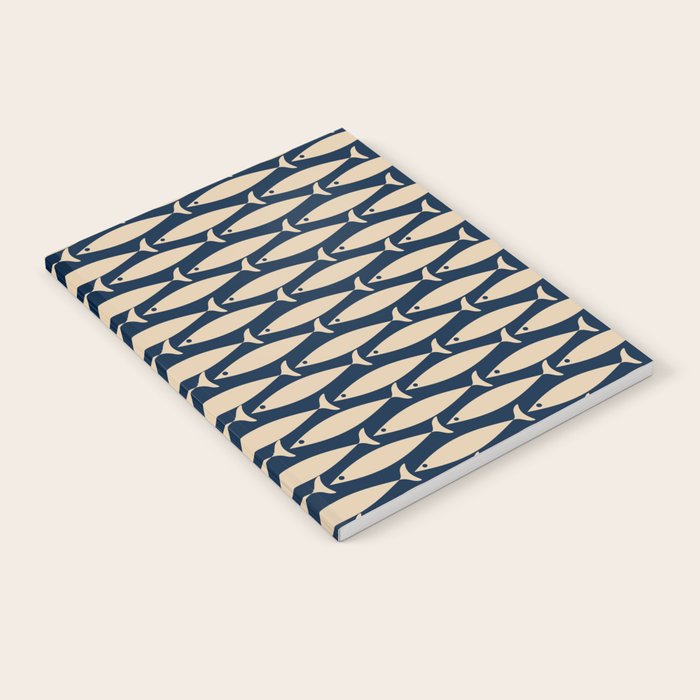 Mid Century Modern Fish Minimalist Pattern in Mid Mod Navy Blue and Beige Notebook Gallery Image 1