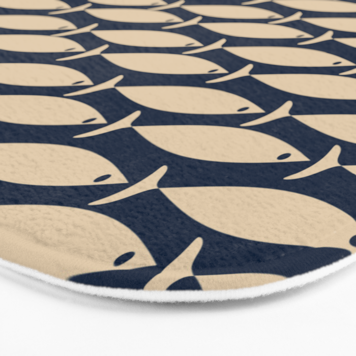 Mid Century Modern Fish Minimalist Pattern in Mid Mod Navy Blue and Beige Bath Mat Gallery Image 3