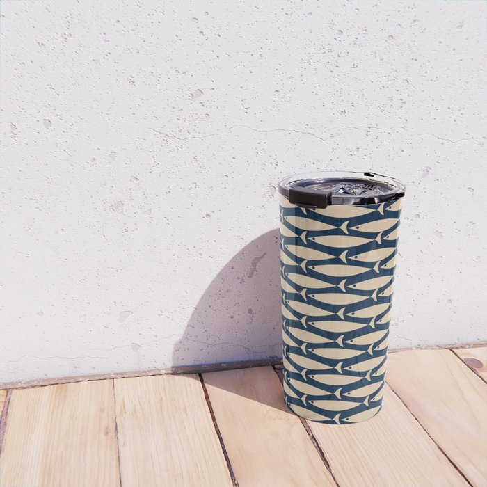 Mid Century Modern Fish Minimalist Pattern in Mid Mod Navy Blue and Beige Travel Mug Gallery Image 4