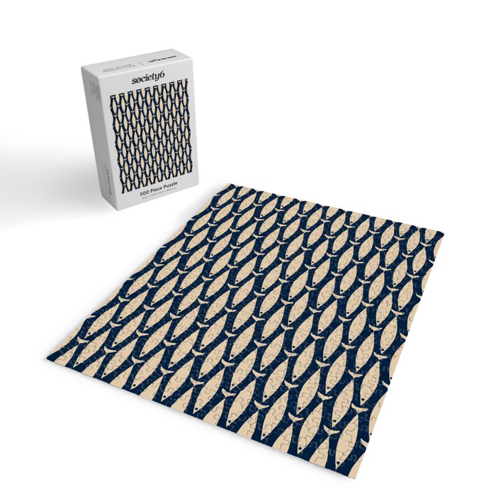 Mid Century Modern Fish Minimalist Pattern in Mid Mod Navy Blue and Beige Jigsaw Puzzle Gallery Image 2