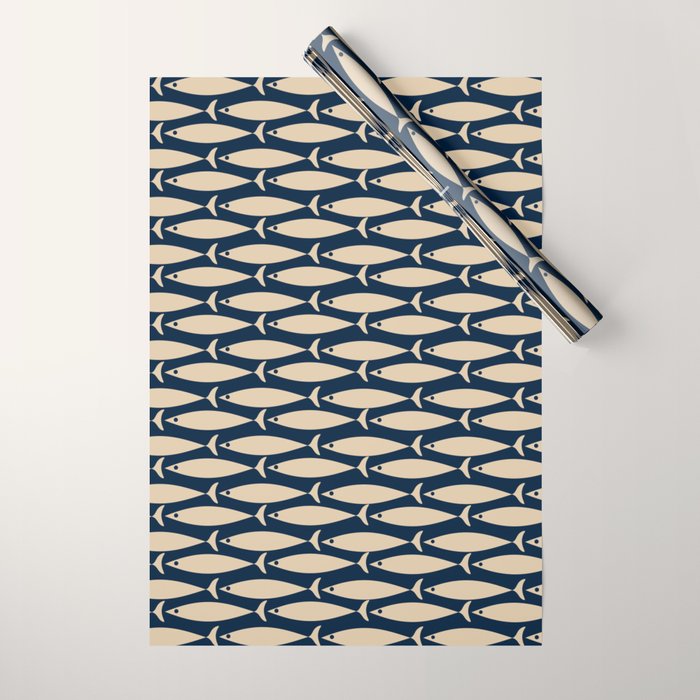 Mid Century Modern Fish Minimalist Pattern in Mid Mod Navy Blue and Beige Wrapping Paper Gallery Image 1