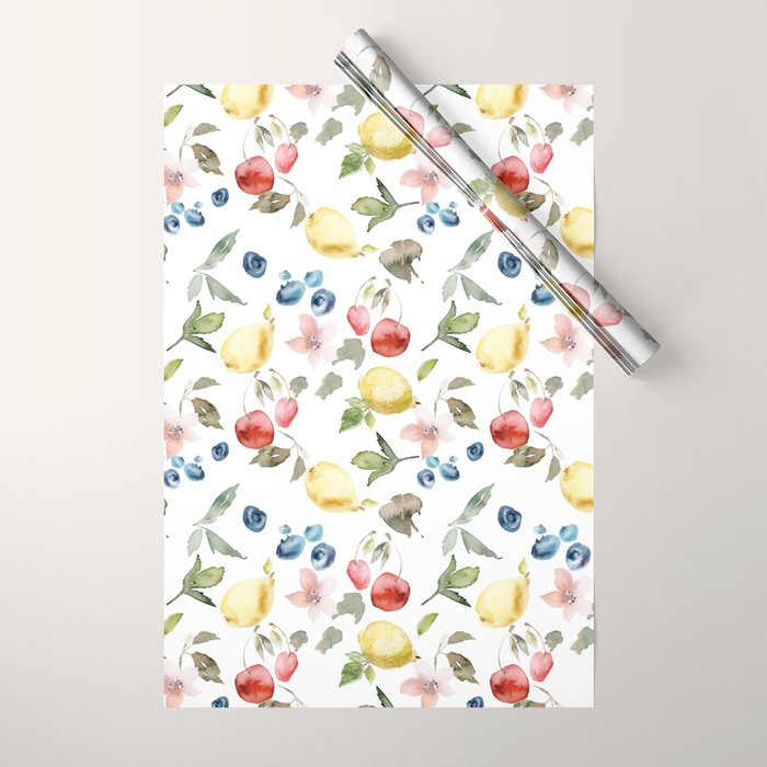 Lemon Berries and Cherries Watercolor Pattern Wrapping Paper Gallery Image 1