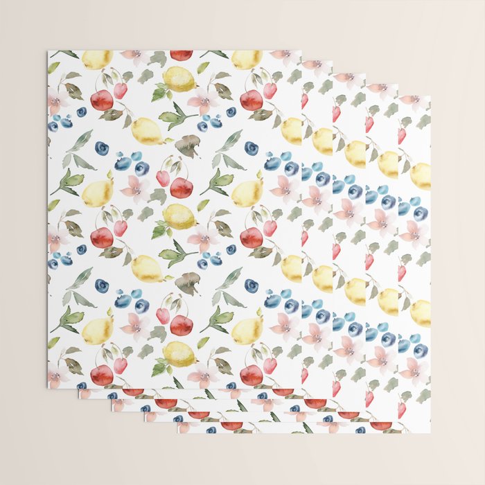 Lemon Berries and Cherries Watercolor Pattern Wrapping Paper Gallery Image 3