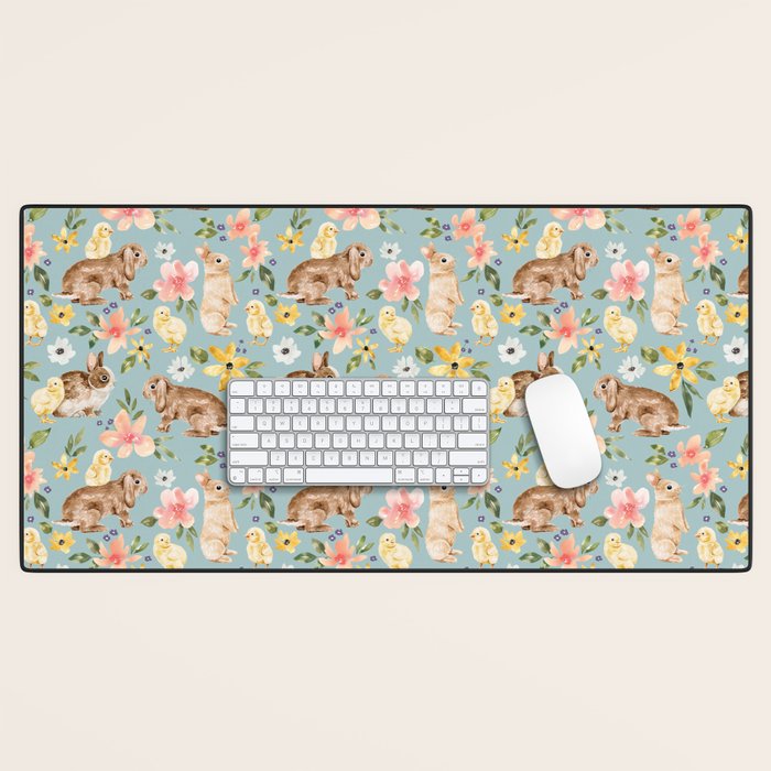 Blue Easter Bunny and Chick Floral Desk Mat Gallery Image 1