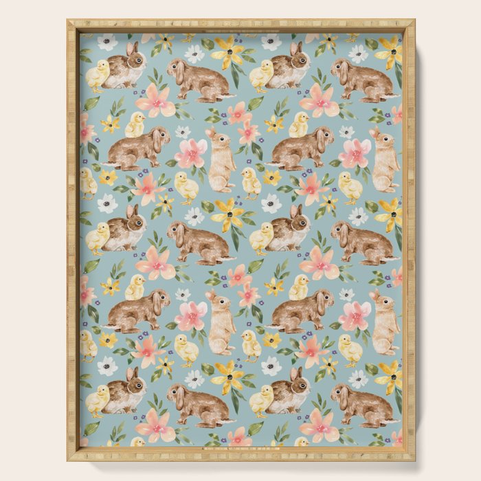 Blue Easter Bunny and Chick Floral Serving Tray Gallery Image 1