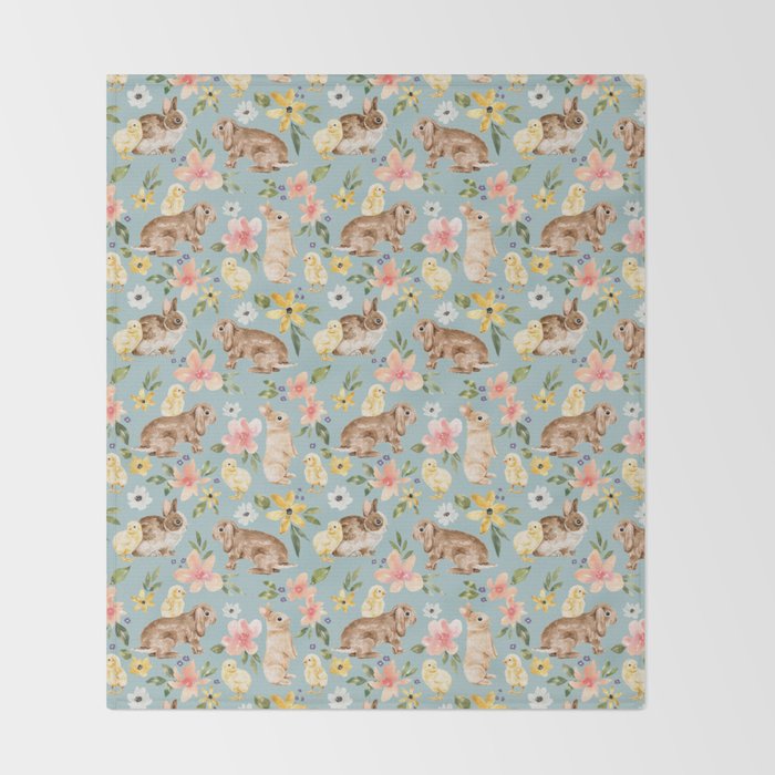 Blue Easter Bunny and Chick Floral Throw Blanket Gallery Image 2