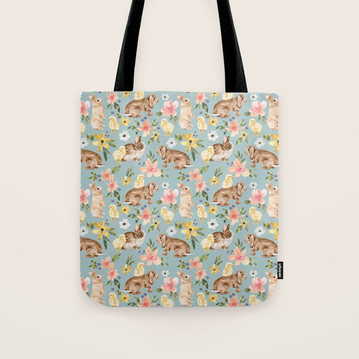 Blue Easter Bunny and Chick Floral Tote Bag Gallery Image 1
