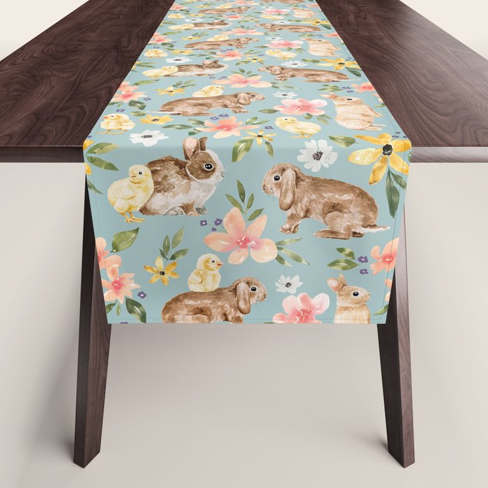 Blue Easter Bunny and Chick Floral Table Runner Gallery Image 1