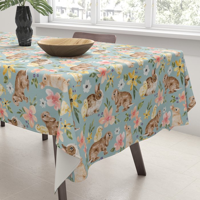 Blue Easter Bunny and Chick Floral Tablecloth Gallery Image 3