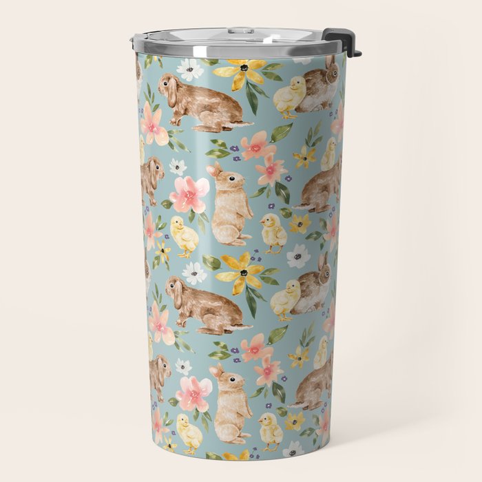 Blue Easter Bunny and Chick Floral Travel Mug Gallery Image 2