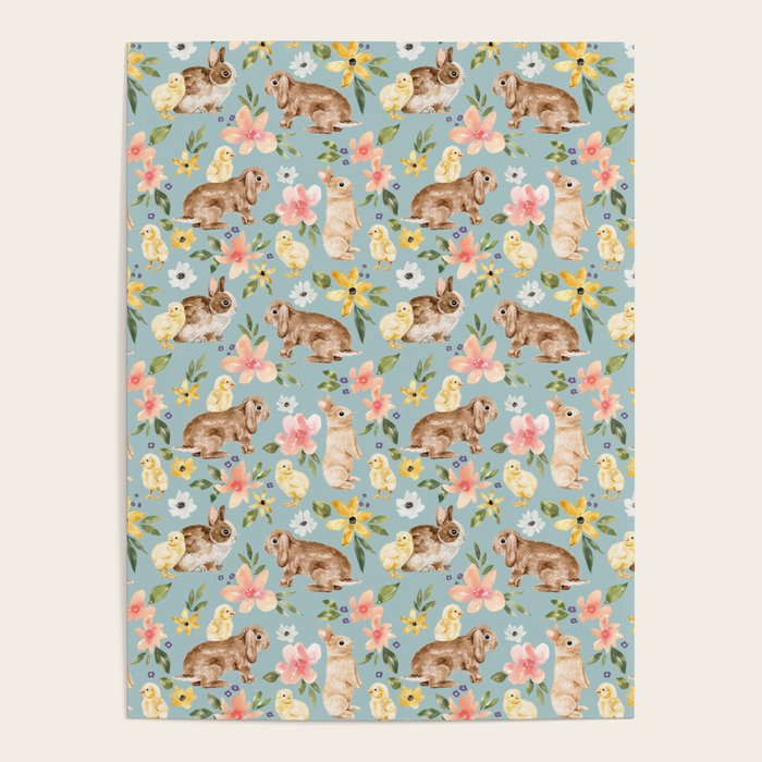Blue Easter Bunny and Chick Floral Poster Gallery Image 1