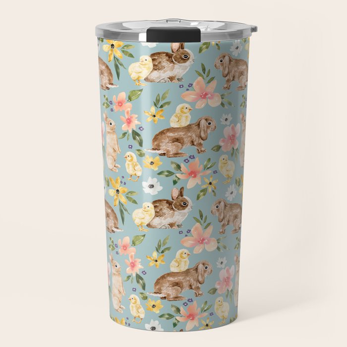 Blue Easter Bunny and Chick Floral Travel Mug Gallery Image 1