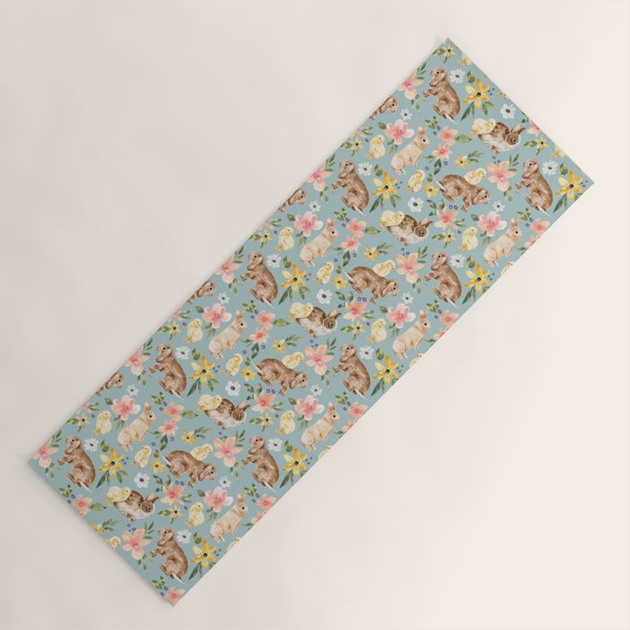 Blue Easter Bunny and Chick Floral Yoga Mat Gallery Image 1