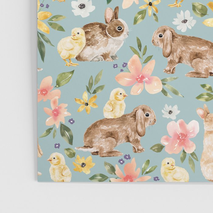 Blue Easter Bunny and Chick Floral Poster Gallery Image 3