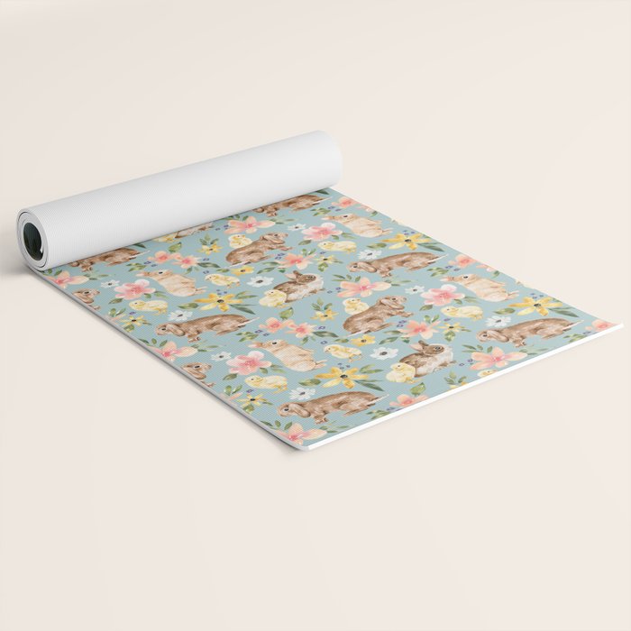 Blue Easter Bunny and Chick Floral Yoga Mat Gallery Image 2