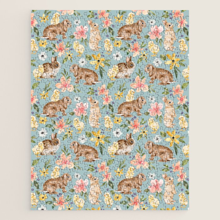 Blue Easter Bunny and Chick Floral Jigsaw Puzzle Gallery Image 1