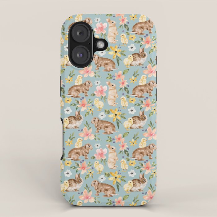 Blue Easter Bunny and Chick Floral iPhone Case Gallery Image 1