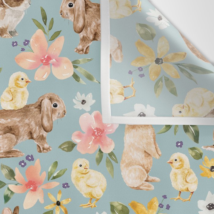 Blue Easter Bunny and Chick Floral Wall Tapestry Gallery Image 3