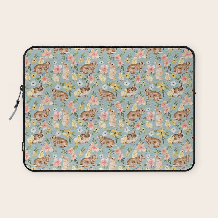 Blue Easter Bunny and Chick Floral Laptop Sleeve Gallery Image 1