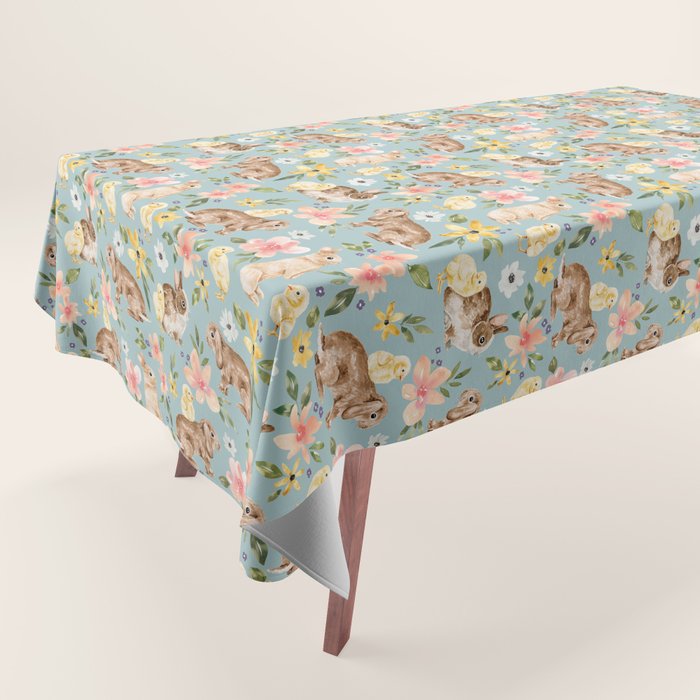 Blue Easter Bunny and Chick Floral Tablecloth Gallery Image 1