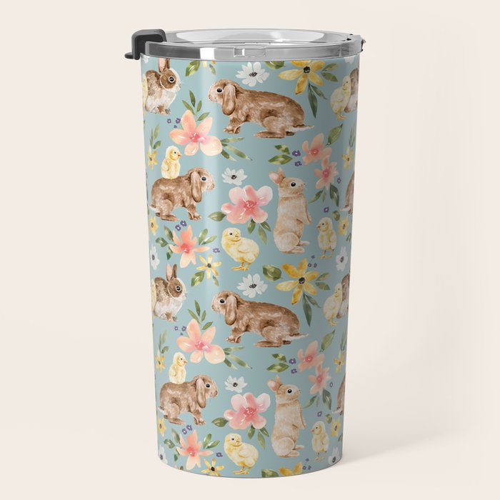 Blue Easter Bunny and Chick Floral Travel Mug Gallery Image 3
