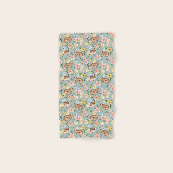Blue Easter Bunny and Chick Floral Bath Towel Gallery Image 1