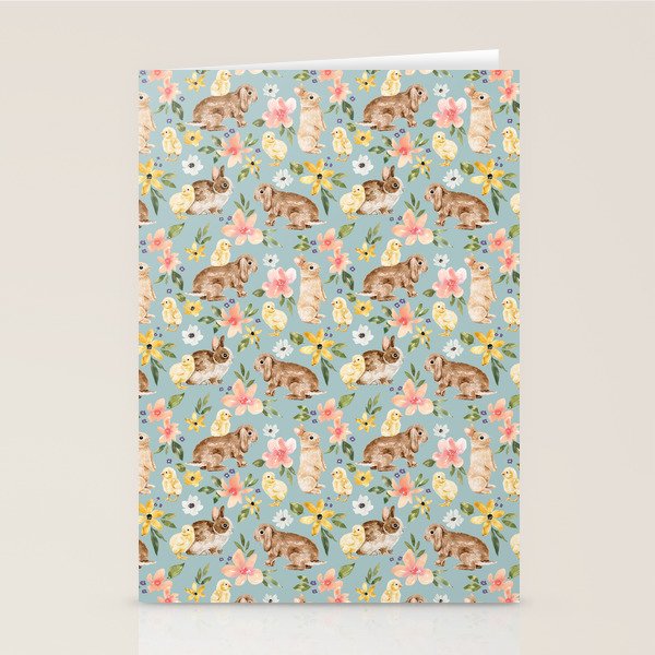 Blue Easter Bunny and Chick Floral Stationery Card Gallery Image 2