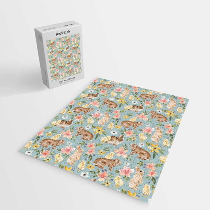 Blue Easter Bunny and Chick Floral Jigsaw Puzzle Gallery Image 2