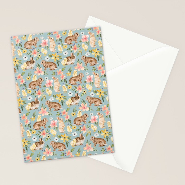 Blue Easter Bunny and Chick Floral Stationery Card Gallery Image 2