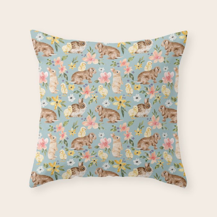 Blue Easter Bunny and Chick Floral Throw Pillow Gallery Image 6