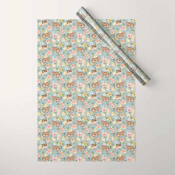 Blue Easter Bunny and Chick Floral Wrapping Paper Gallery Image 1