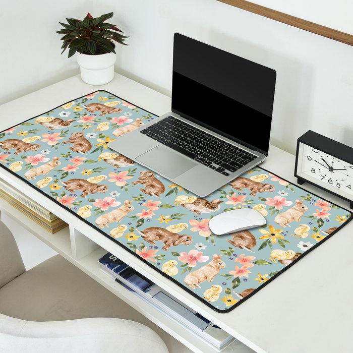 Blue Easter Bunny and Chick Floral Desk Mat Gallery Image 2
